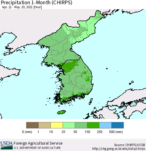 Korea Precipitation 1-Month (CHIRPS) Thematic Map For 4/21/2021 - 5/20/2021