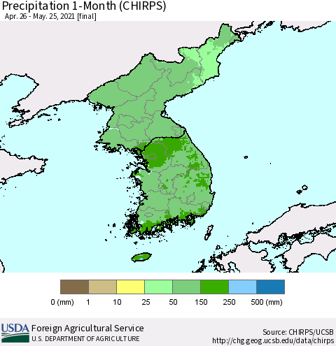 Korea Precipitation 1-Month (CHIRPS) Thematic Map For 4/26/2021 - 5/25/2021