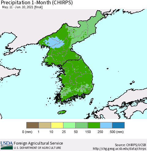 Korea Precipitation 1-Month (CHIRPS) Thematic Map For 5/11/2021 - 6/10/2021