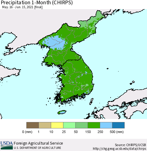 Korea Precipitation 1-Month (CHIRPS) Thematic Map For 5/16/2021 - 6/15/2021