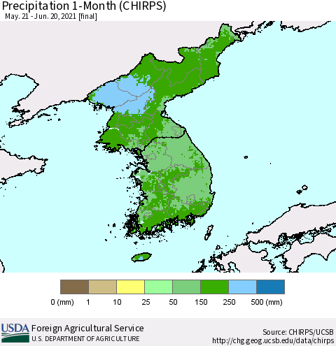 Korea Precipitation 1-Month (CHIRPS) Thematic Map For 5/21/2021 - 6/20/2021