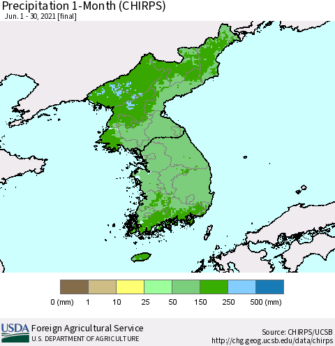 Korea Precipitation 1-Month (CHIRPS) Thematic Map For 6/1/2021 - 6/30/2021