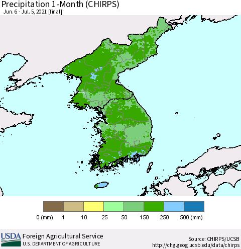 Korea Precipitation 1-Month (CHIRPS) Thematic Map For 6/6/2021 - 7/5/2021