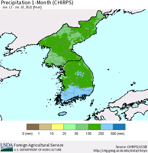 Korea Precipitation 1-Month (CHIRPS) Thematic Map For 6/11/2021 - 7/10/2021