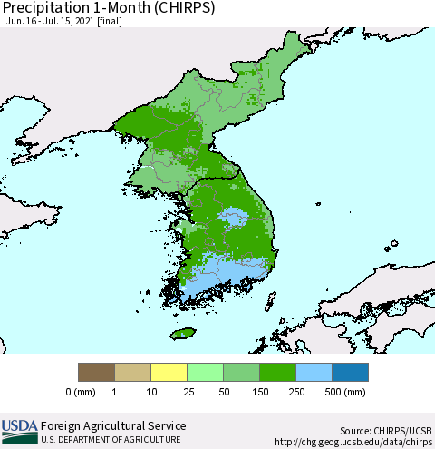 Korea Precipitation 1-Month (CHIRPS) Thematic Map For 6/16/2021 - 7/15/2021