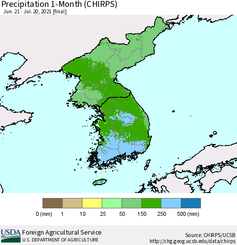 Korea Precipitation 1-Month (CHIRPS) Thematic Map For 6/21/2021 - 7/20/2021