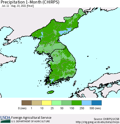 Korea Precipitation 1-Month (CHIRPS) Thematic Map For 7/11/2021 - 8/10/2021