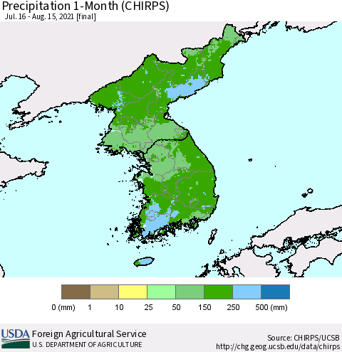 Korea Precipitation 1-Month (CHIRPS) Thematic Map For 7/16/2021 - 8/15/2021