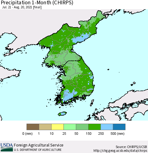 Korea Precipitation 1-Month (CHIRPS) Thematic Map For 7/21/2021 - 8/20/2021