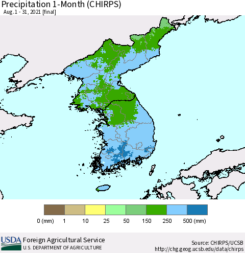 Korea Precipitation 1-Month (CHIRPS) Thematic Map For 8/1/2021 - 8/31/2021