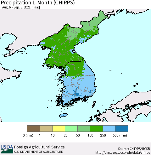 Korea Precipitation 1-Month (CHIRPS) Thematic Map For 8/6/2021 - 9/5/2021