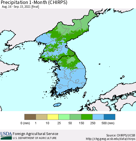 Korea Precipitation 1-Month (CHIRPS) Thematic Map For 8/16/2021 - 9/15/2021