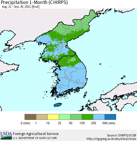Korea Precipitation 1-Month (CHIRPS) Thematic Map For 8/21/2021 - 9/20/2021
