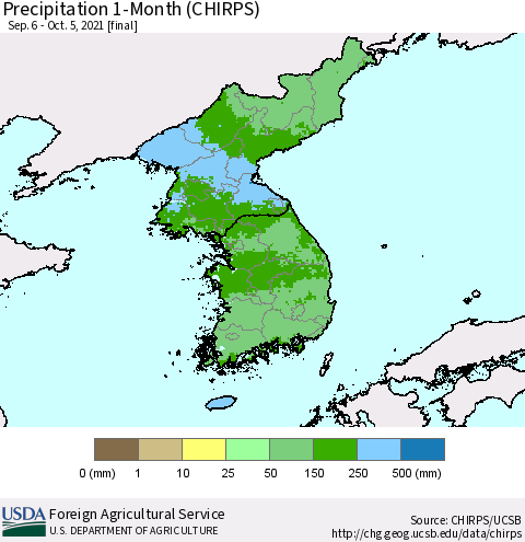 Korea Precipitation 1-Month (CHIRPS) Thematic Map For 9/6/2021 - 10/5/2021