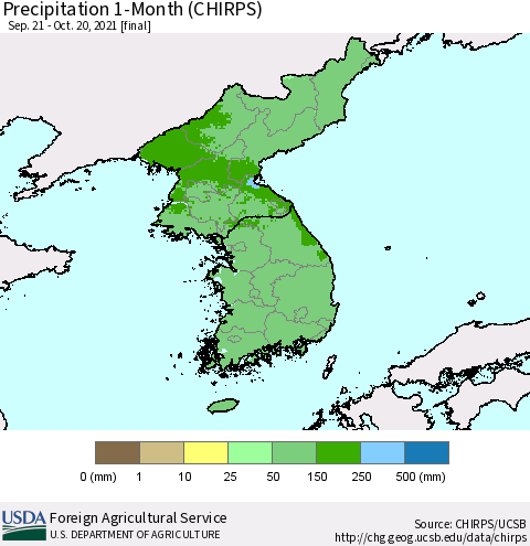 Korea Precipitation 1-Month (CHIRPS) Thematic Map For 9/21/2021 - 10/20/2021