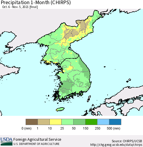 Korea Precipitation 1-Month (CHIRPS) Thematic Map For 10/6/2021 - 11/5/2021