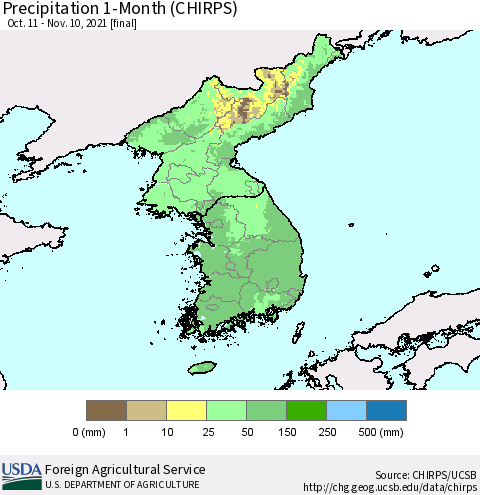 Korea Precipitation 1-Month (CHIRPS) Thematic Map For 10/11/2021 - 11/10/2021