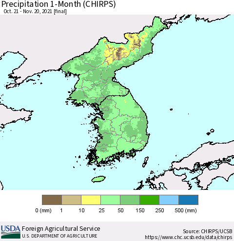 Korea Precipitation 1-Month (CHIRPS) Thematic Map For 10/21/2021 - 11/20/2021