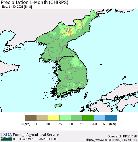 Korea Precipitation 1-Month (CHIRPS) Thematic Map For 11/1/2021 - 11/30/2021