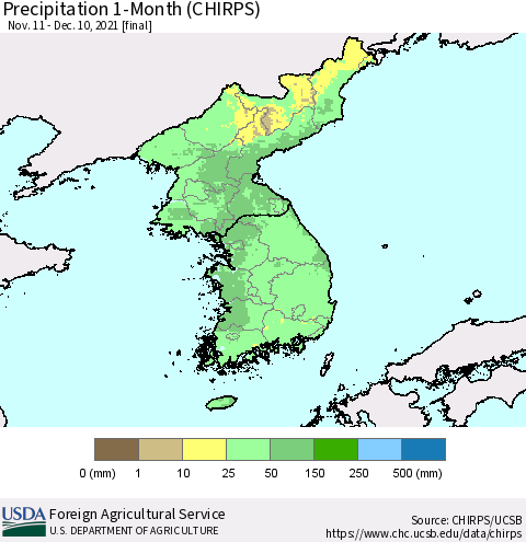 Korea Precipitation 1-Month (CHIRPS) Thematic Map For 11/11/2021 - 12/10/2021