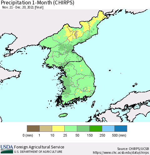 Korea Precipitation 1-Month (CHIRPS) Thematic Map For 11/21/2021 - 12/20/2021
