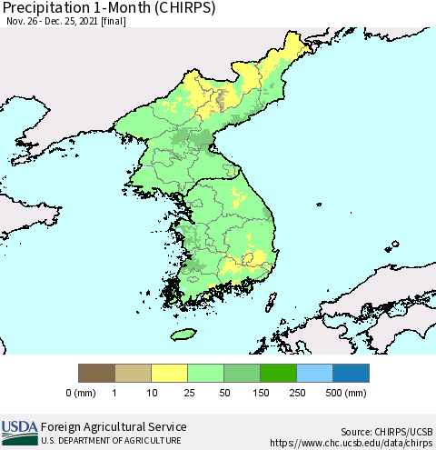 Korea Precipitation 1-Month (CHIRPS) Thematic Map For 11/26/2021 - 12/25/2021