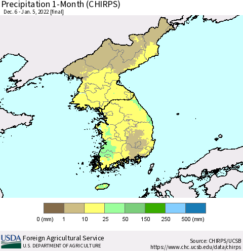 Korea Precipitation 1-Month (CHIRPS) Thematic Map For 12/6/2021 - 1/5/2022
