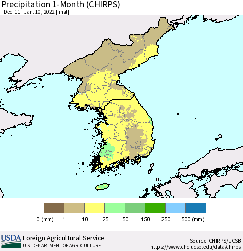 Korea Precipitation 1-Month (CHIRPS) Thematic Map For 12/11/2021 - 1/10/2022