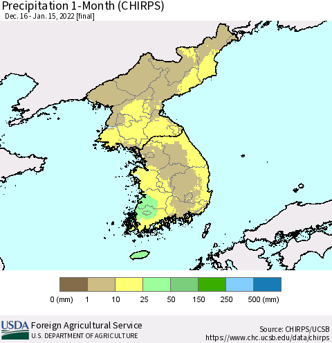 Korea Precipitation 1-Month (CHIRPS) Thematic Map For 12/16/2021 - 1/15/2022