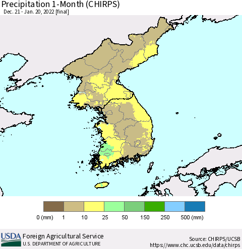 Korea Precipitation 1-Month (CHIRPS) Thematic Map For 12/21/2021 - 1/20/2022