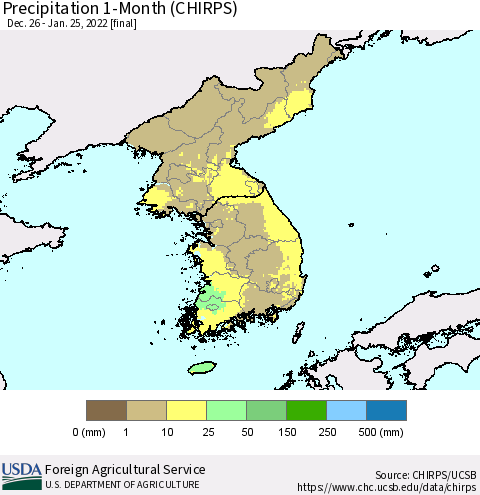 Korea Precipitation 1-Month (CHIRPS) Thematic Map For 12/26/2021 - 1/25/2022