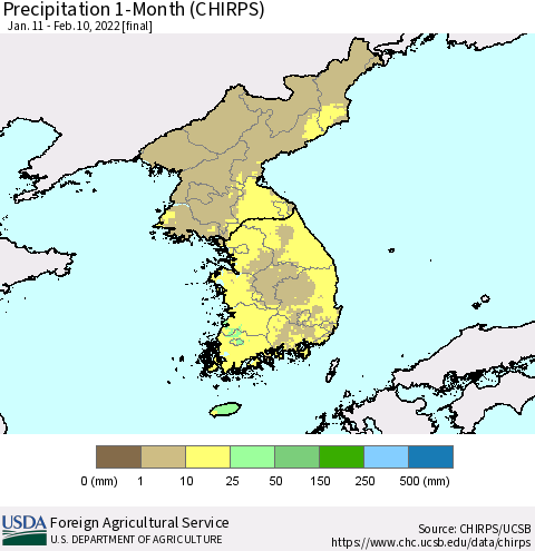Korea Precipitation 1-Month (CHIRPS) Thematic Map For 1/11/2022 - 2/10/2022