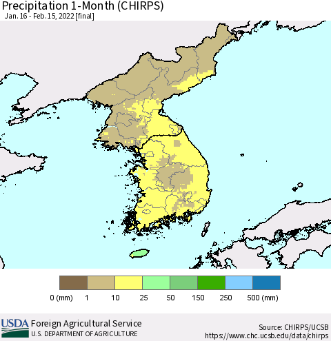 Korea Precipitation 1-Month (CHIRPS) Thematic Map For 1/16/2022 - 2/15/2022