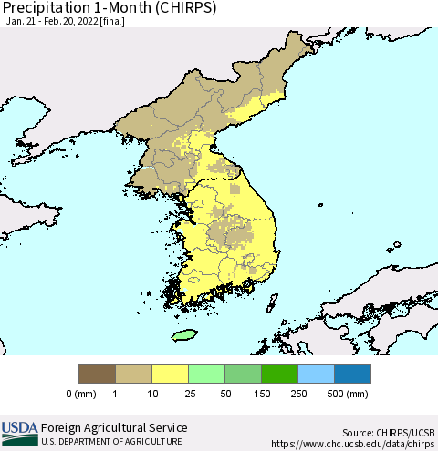Korea Precipitation 1-Month (CHIRPS) Thematic Map For 1/21/2022 - 2/20/2022
