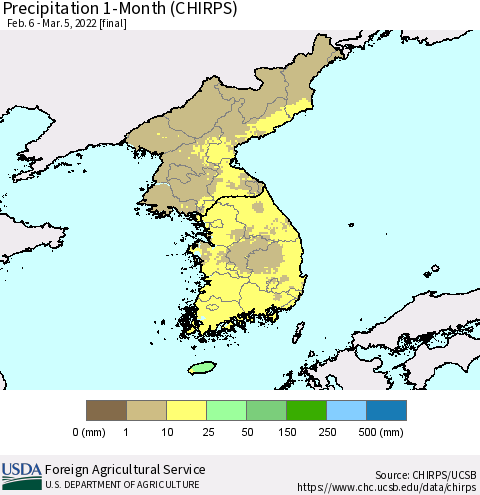 Korea Precipitation 1-Month (CHIRPS) Thematic Map For 2/6/2022 - 3/5/2022