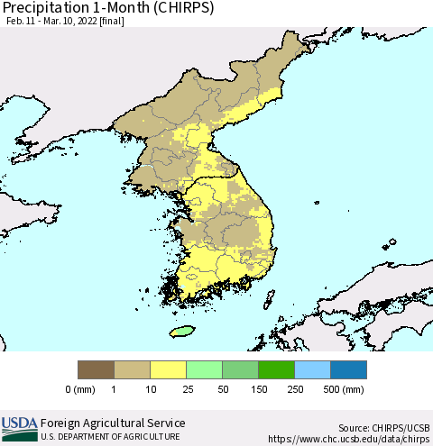 Korea Precipitation 1-Month (CHIRPS) Thematic Map For 2/11/2022 - 3/10/2022