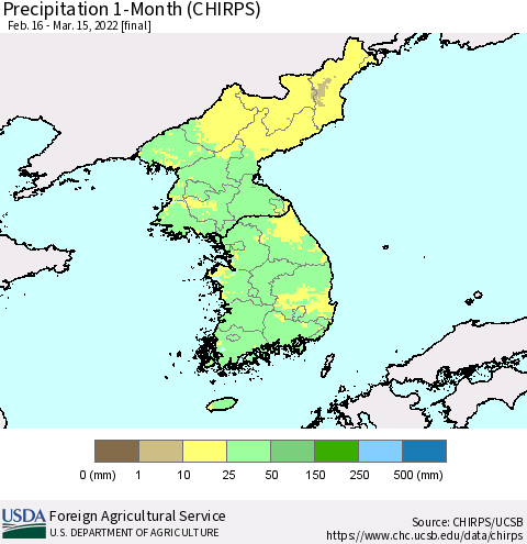 Korea Precipitation 1-Month (CHIRPS) Thematic Map For 2/16/2022 - 3/15/2022