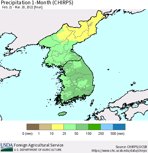 Korea Precipitation 1-Month (CHIRPS) Thematic Map For 2/21/2022 - 3/20/2022