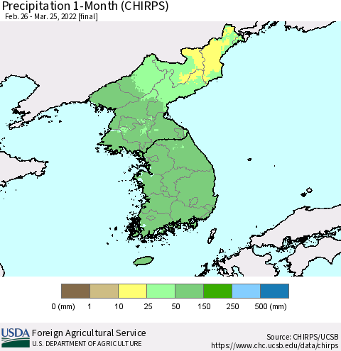 Korea Precipitation 1-Month (CHIRPS) Thematic Map For 2/26/2022 - 3/25/2022