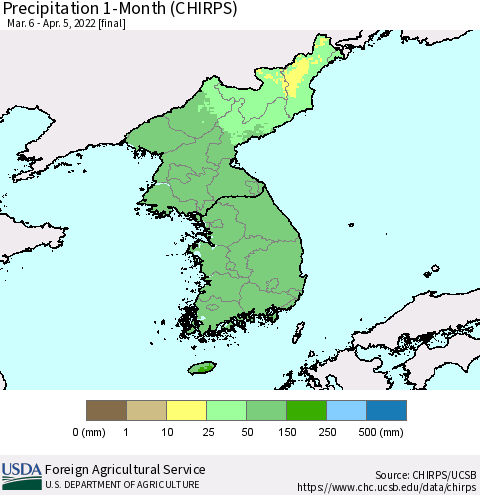 Korea Precipitation 1-Month (CHIRPS) Thematic Map For 3/6/2022 - 4/5/2022
