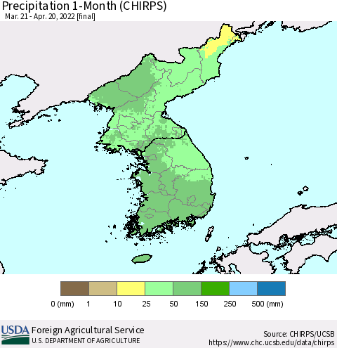 Korea Precipitation 1-Month (CHIRPS) Thematic Map For 3/21/2022 - 4/20/2022