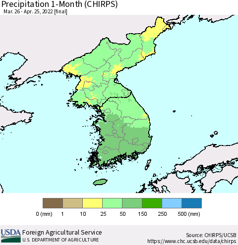 Korea Precipitation 1-Month (CHIRPS) Thematic Map For 3/26/2022 - 4/25/2022