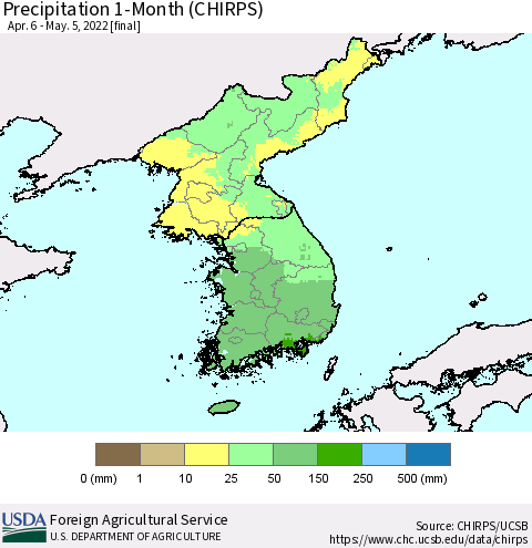 Korea Precipitation 1-Month (CHIRPS) Thematic Map For 4/6/2022 - 5/5/2022