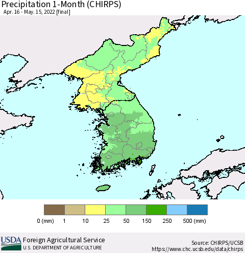 Korea Precipitation 1-Month (CHIRPS) Thematic Map For 4/16/2022 - 5/15/2022