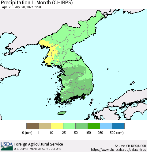 Korea Precipitation 1-Month (CHIRPS) Thematic Map For 4/21/2022 - 5/20/2022