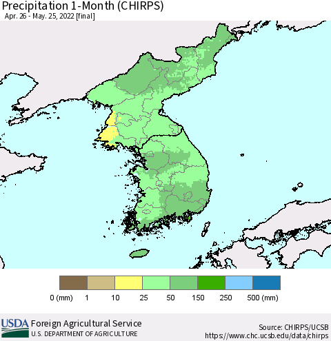Korea Precipitation 1-Month (CHIRPS) Thematic Map For 4/26/2022 - 5/25/2022