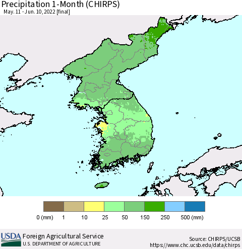 Korea Precipitation 1-Month (CHIRPS) Thematic Map For 5/11/2022 - 6/10/2022