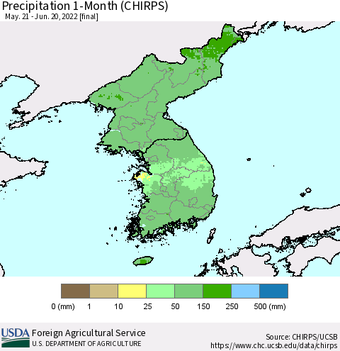 Korea Precipitation 1-Month (CHIRPS) Thematic Map For 5/21/2022 - 6/20/2022
