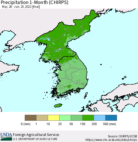 Korea Precipitation 1-Month (CHIRPS) Thematic Map For 5/26/2022 - 6/25/2022