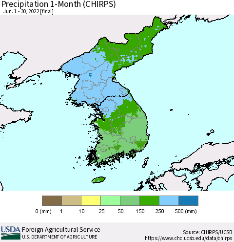 Korea Precipitation 1-Month (CHIRPS) Thematic Map For 6/1/2022 - 6/30/2022